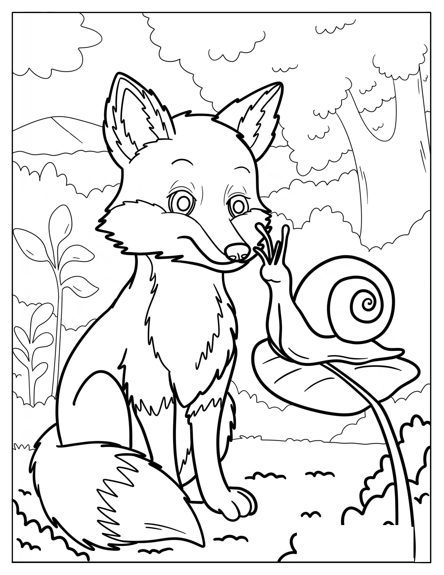 Young Fox Watching A Large Snail On A Leaf