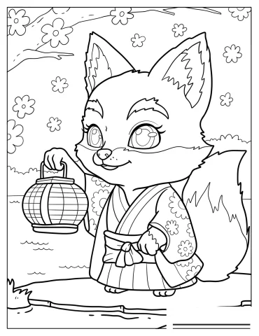 Adorable Chibi Fox In A Kimono Holding A Lantern Coloring Sheet For Kids