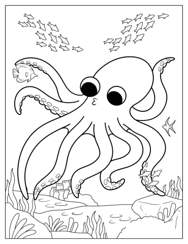 Kawaii Octopus Swimming With Fish Coloring Sheet