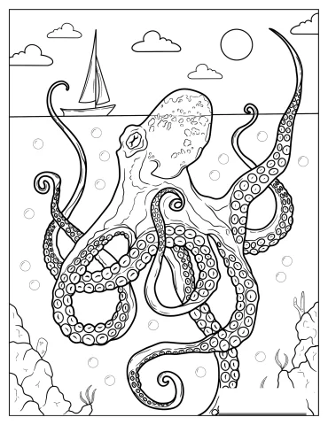 Gian Octopus Peering At Boat Coloring Sheet