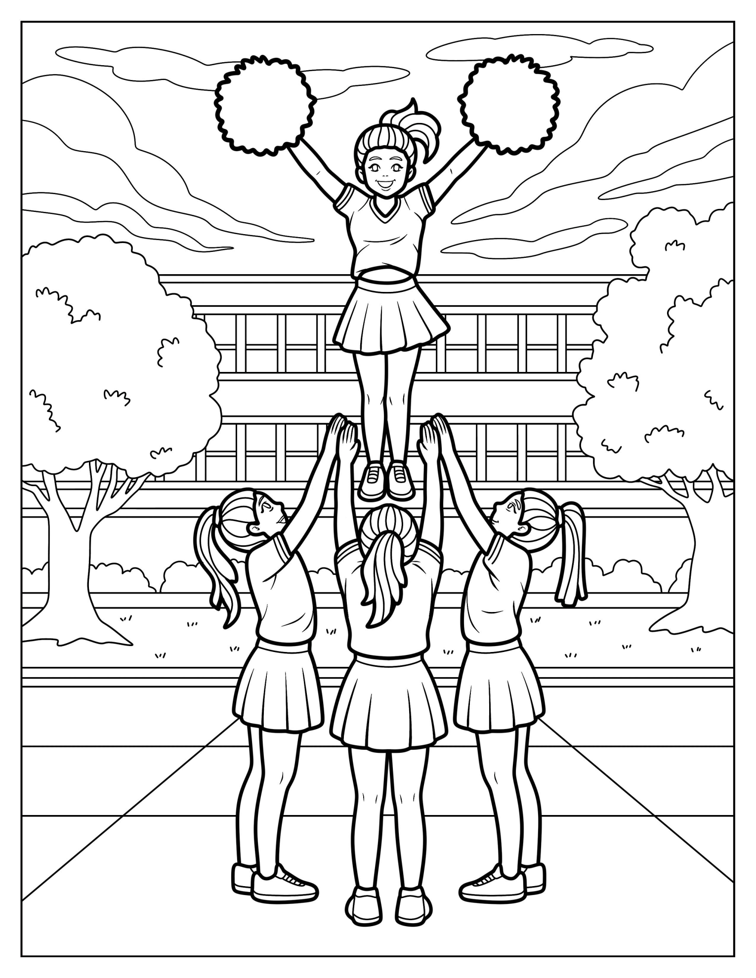 Cheerleaders Performing Two Leg Stunt Pyramid Outside School