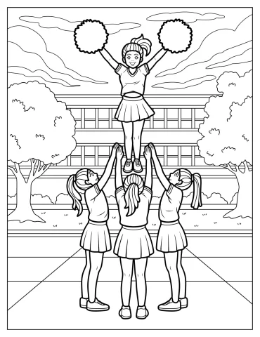 Cheerleaders Performing Two Leg Stunt Pyramid Outside School