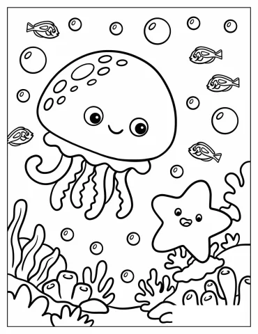 Jellyfish Smiling Down at Starfish Coloring Page for Kids