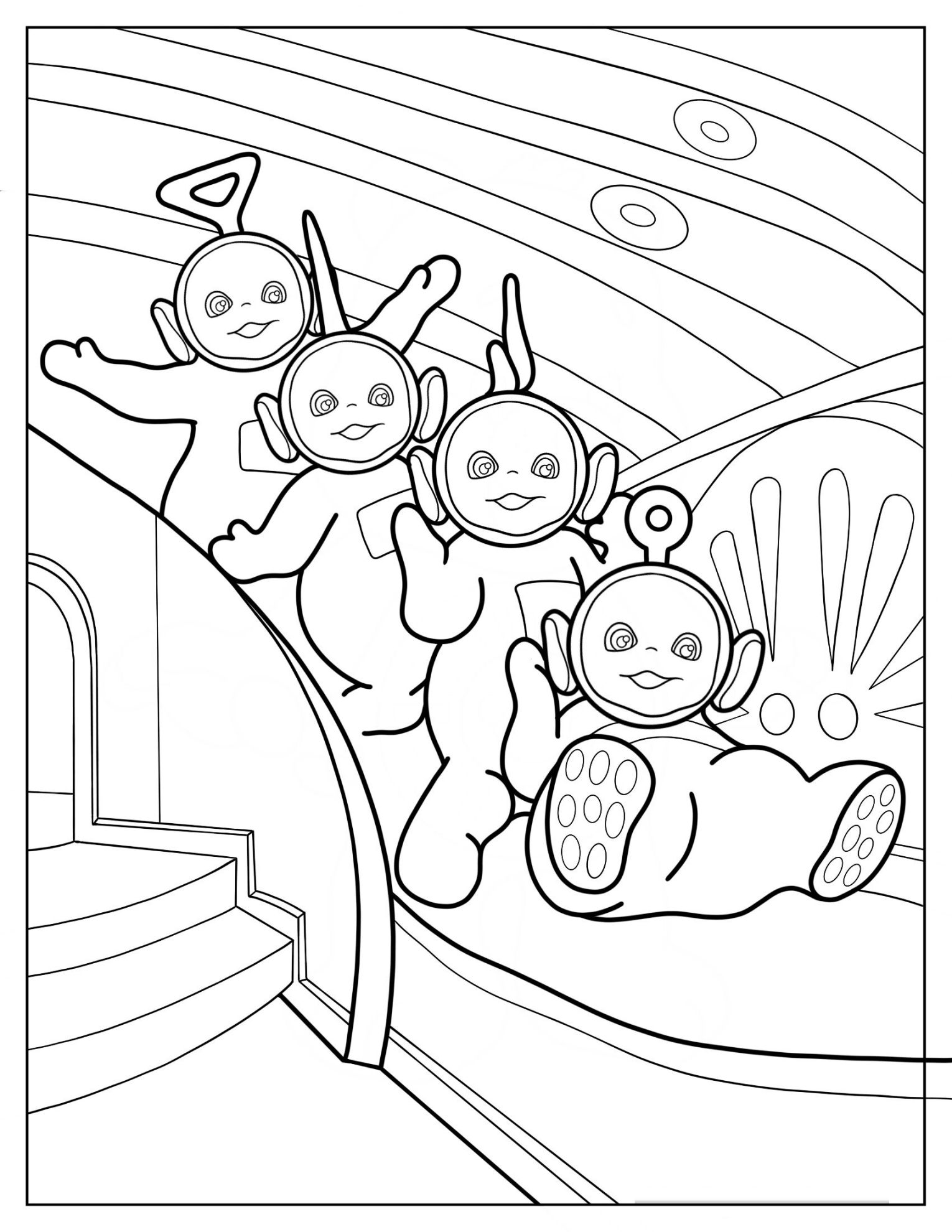 Teletubbies Po, Laa Laa, Tinky Winky, And Dispy Going Down Slide