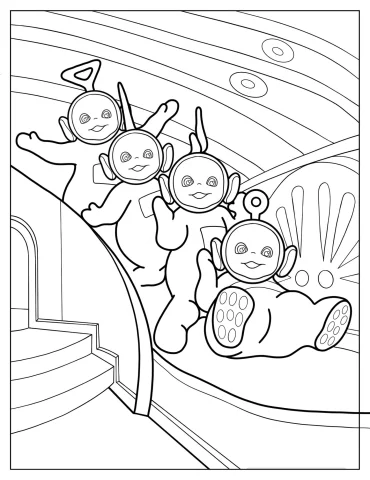 Teletubbies Po, Laa Laa, Tinky Winky, And Dispy Going Down Slide