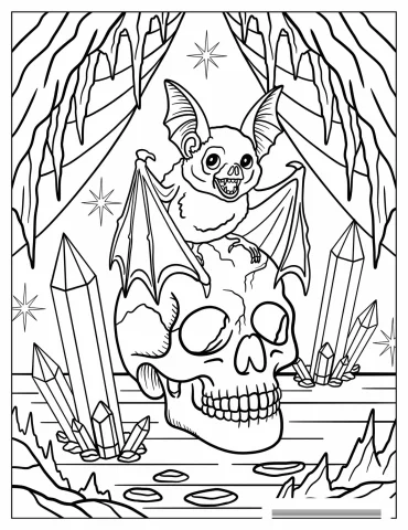Bat Sitting on a Skull in a Cave with Crystals