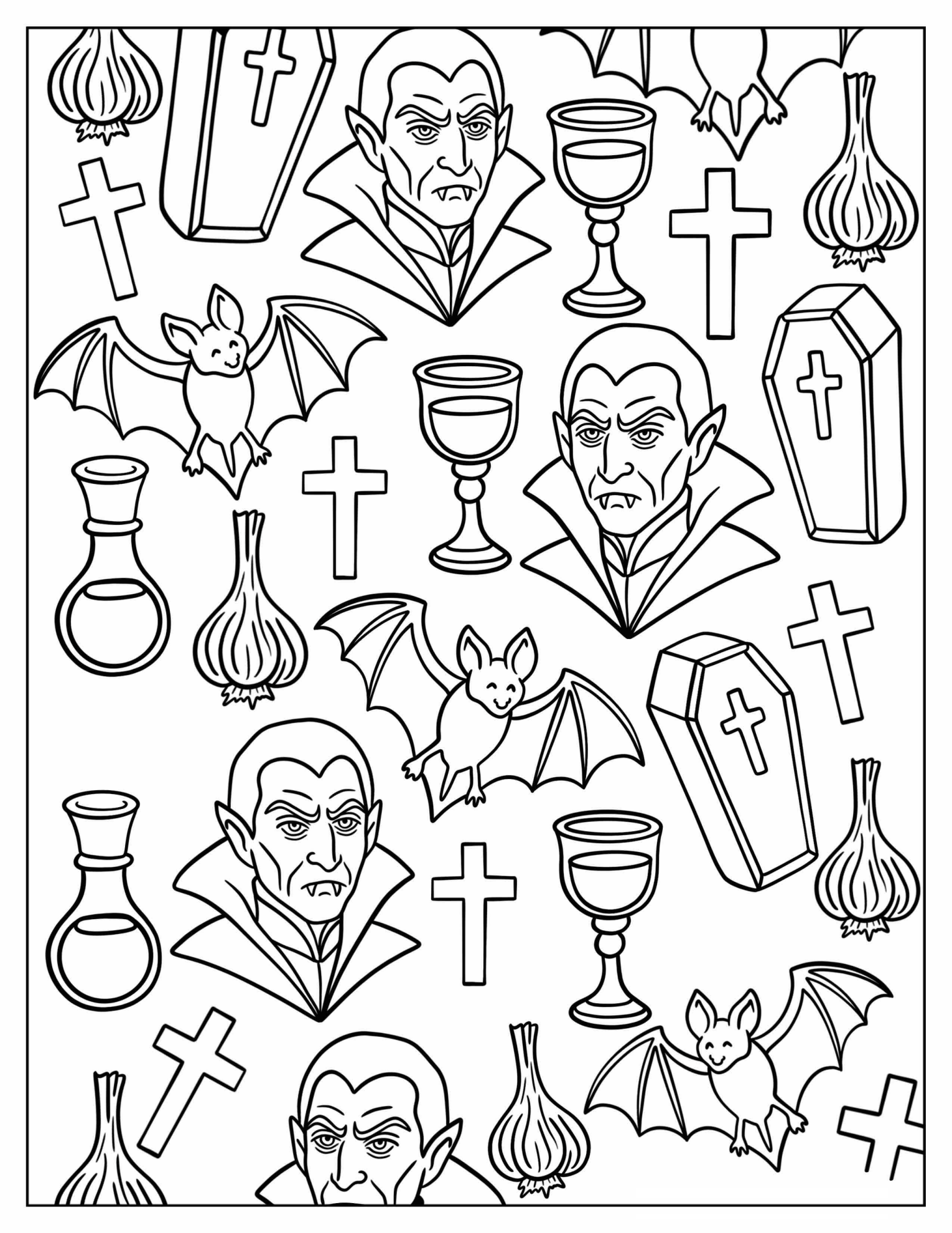 Dracula Pattern with Garlic, Bats, and Crosses