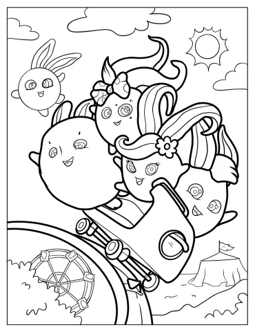 Turbo, Shiny, Big Boo, Iris, And Hopper Riding Rollercoaster Coloring Page For Kids