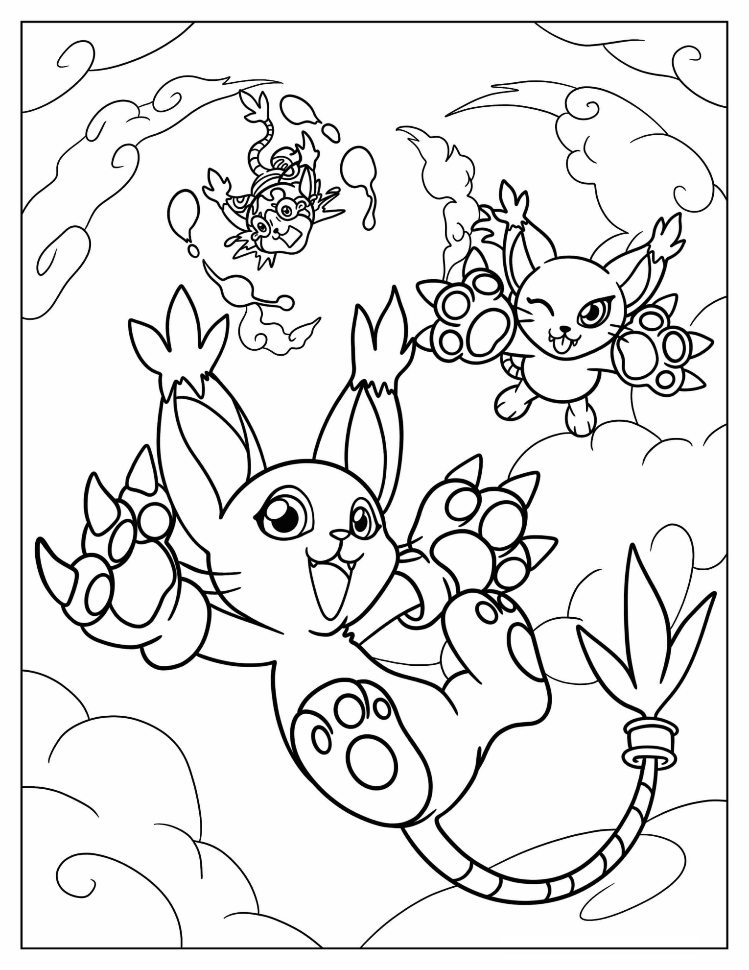 Digimon Tailmon, Blacktailmon, And Hornetstar Falling From Sky