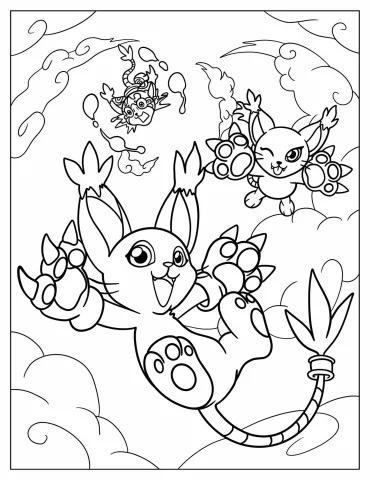 Digimon Tailmon, Blacktailmon, And Hornetstar Falling From Sky