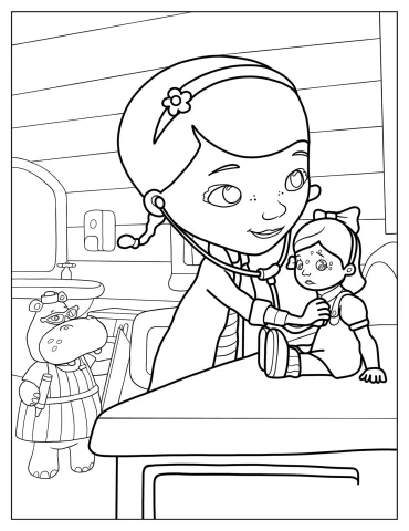 Doc McStuffins Using Stethoscope On Susie Sunshine Coloring Sheet