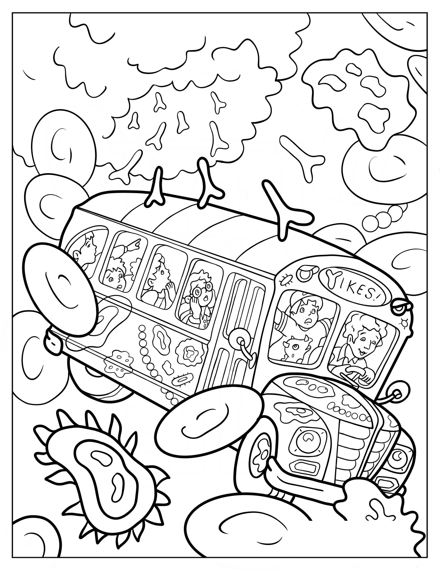 Magic School Bus Surrounded By Red Blood Cells, White Blood Cells, And Antibodies Coloring Sheet