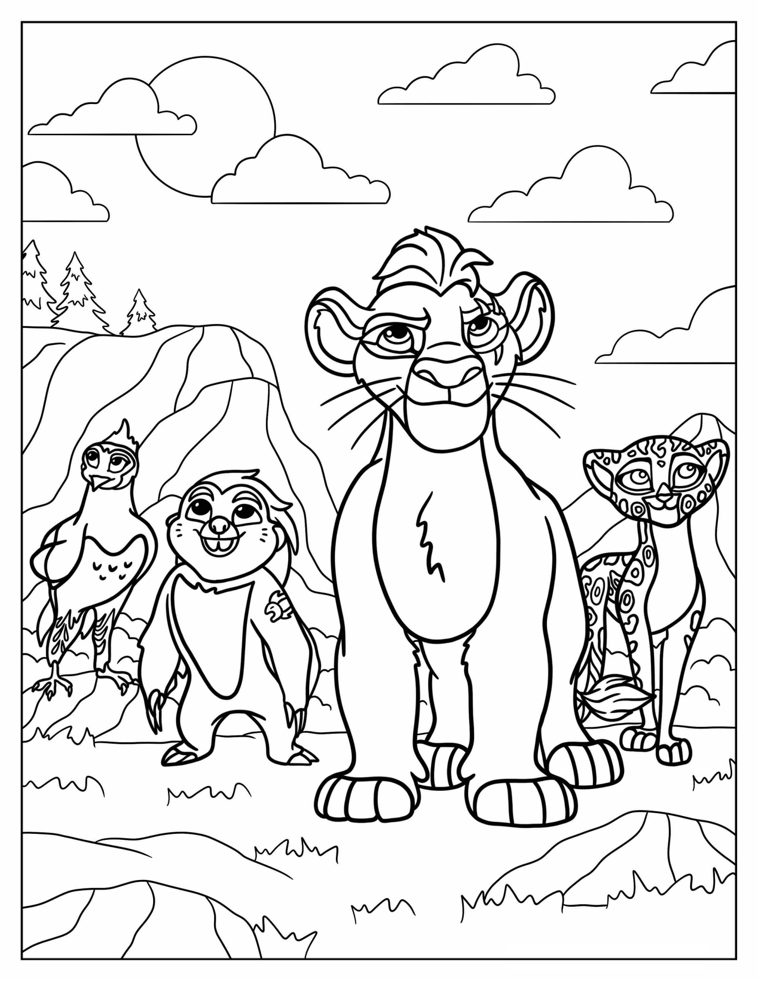 Lion Guard Kion, Ono, Fuli, And Bunga Coloring Page For Kids