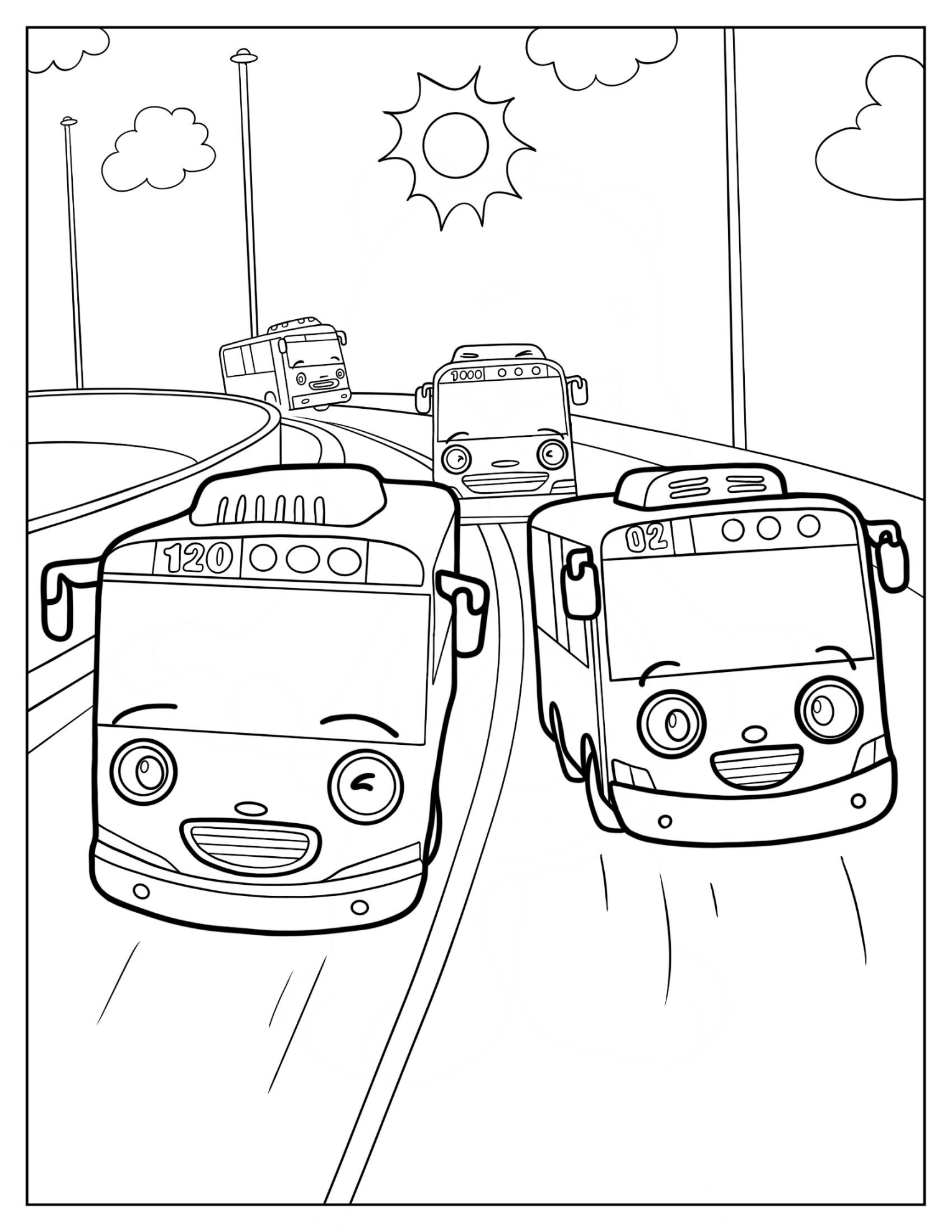 Tayo, Lani, Rogi, And Gani On Highway Coloring Page For Kids