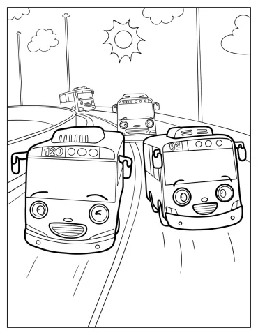 Tayo, Lani, Rogi, And Gani On Highway Coloring Page For Kids