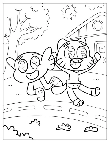 Gumball And Darwin Jumping For Joy Coloring Page