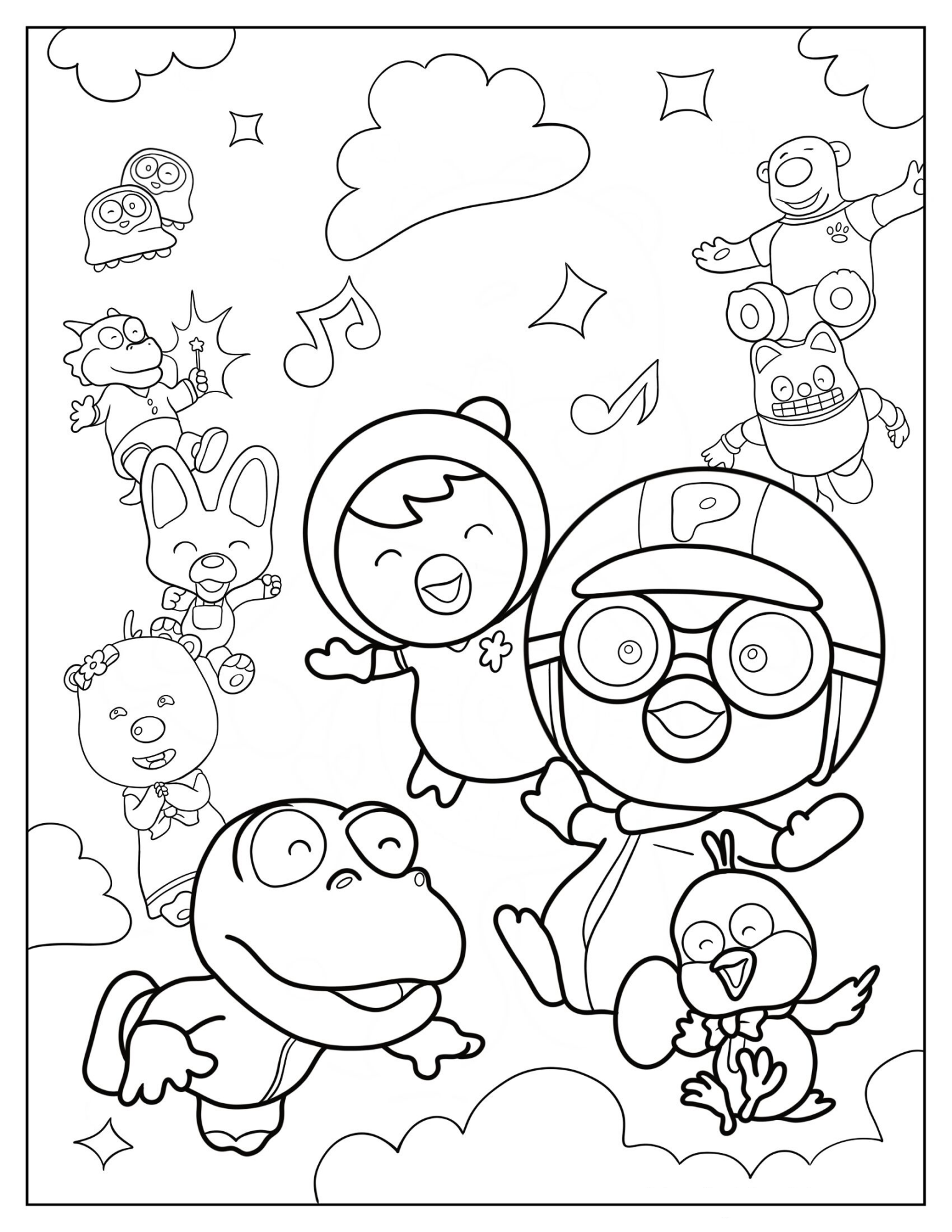 Pororo With Petty, Crong, Harry, Tongtong, Eddy, Poby, Rody, And Loopy Coloring Page