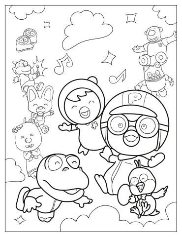 Pororo With Petty, Crong, Harry, Tongtong, Eddy, Poby, Rody, And Loopy Coloring Page