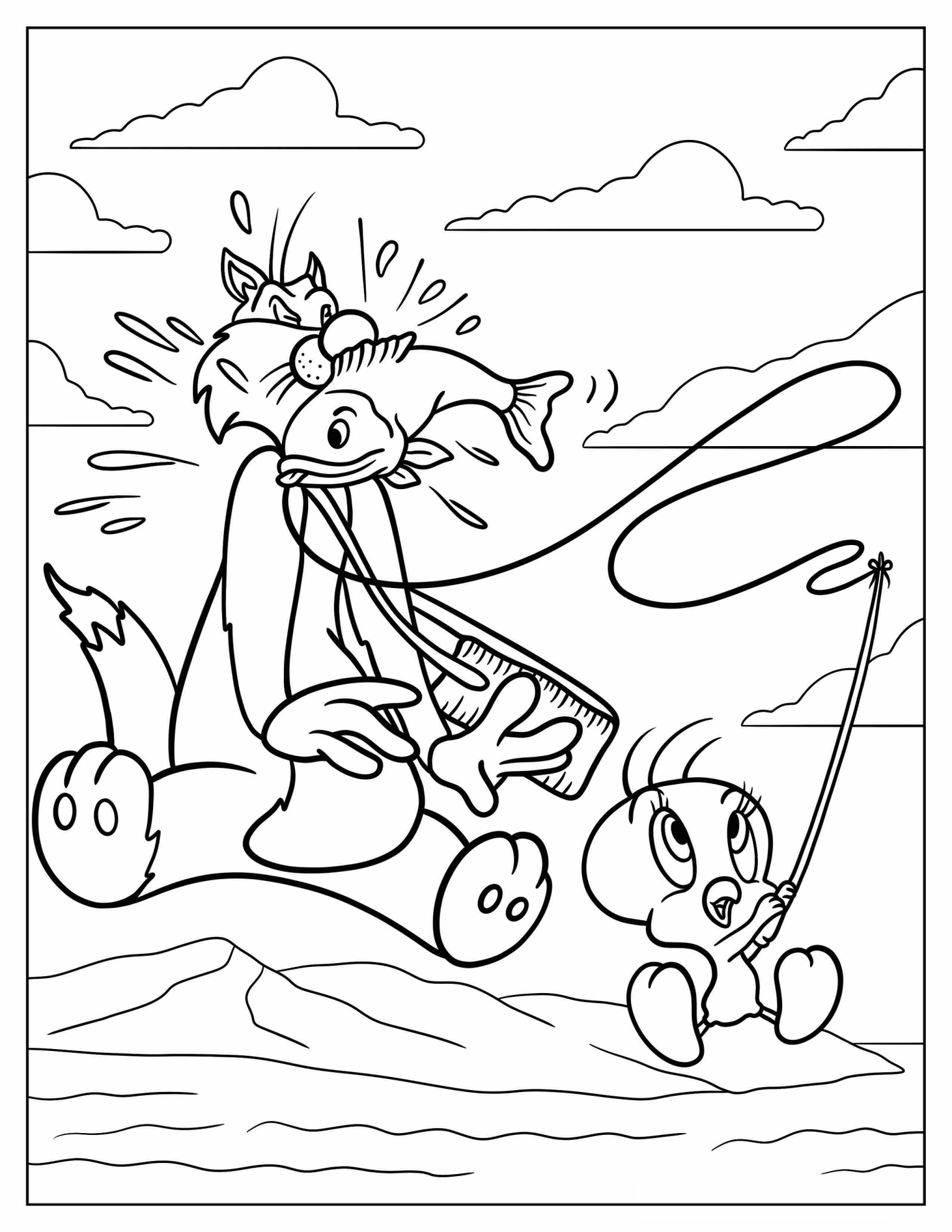Tweety Bird Hitting Sylvester With A Fish Coloring Sheet