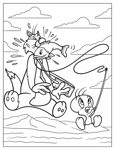 Tweety Bird Hitting Sylvester With A Fish Coloring Sheet