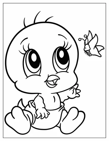 Baby Tweety Bird Reaching For Butterfly Coloring Sheet