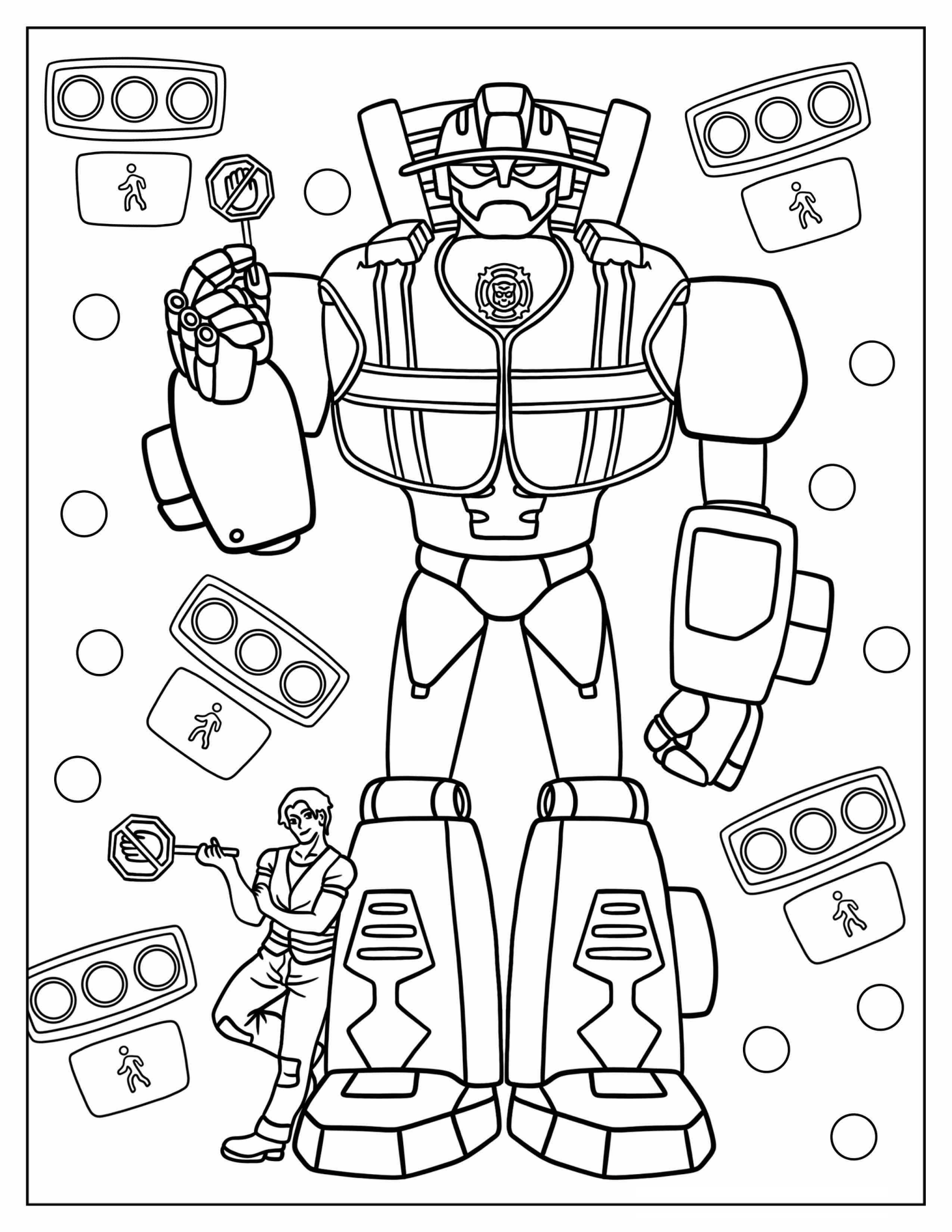 Kawaii Heatwave Rescue Bots Holding Stop Signs Coloring Page