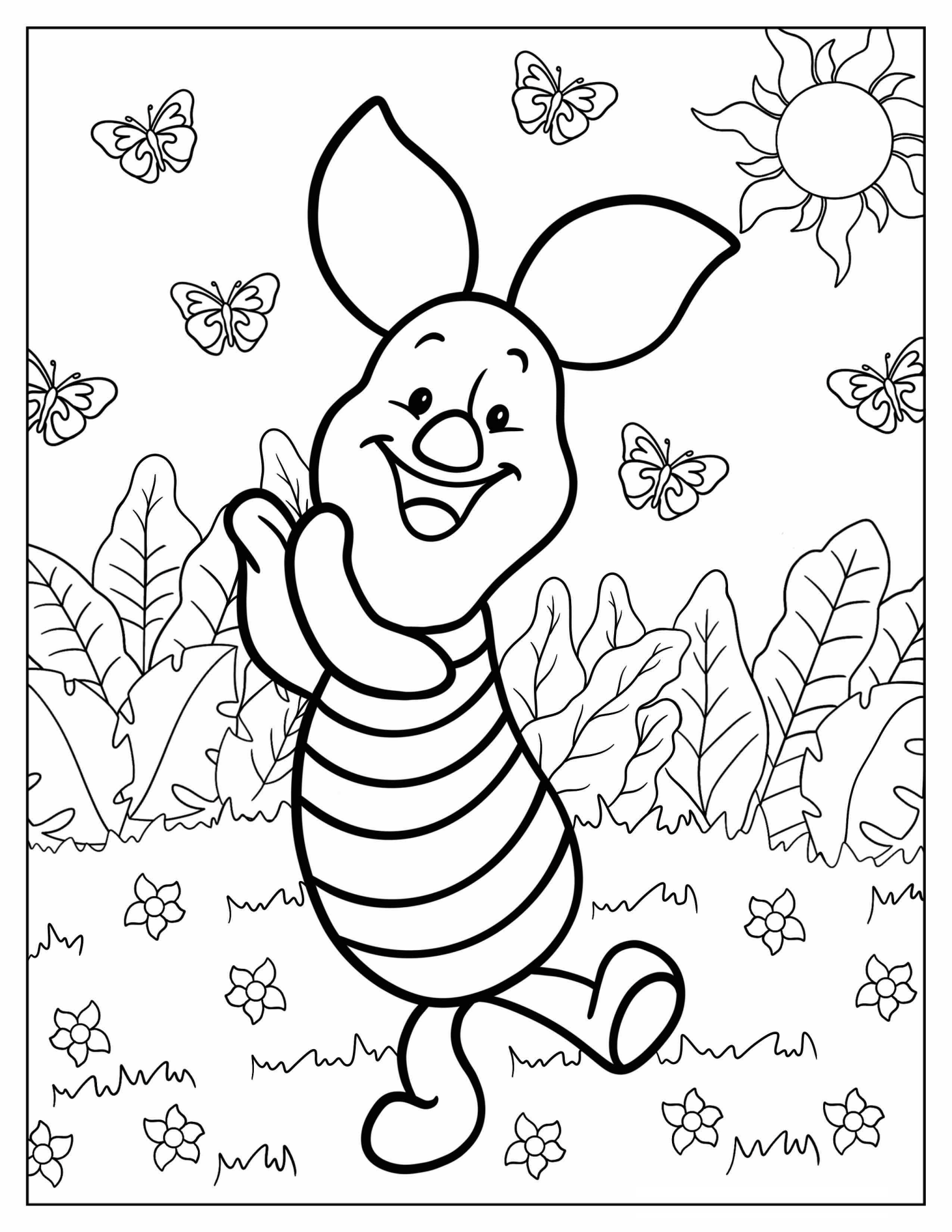 Happy Piglet Dancing In The Garden With Butterflies