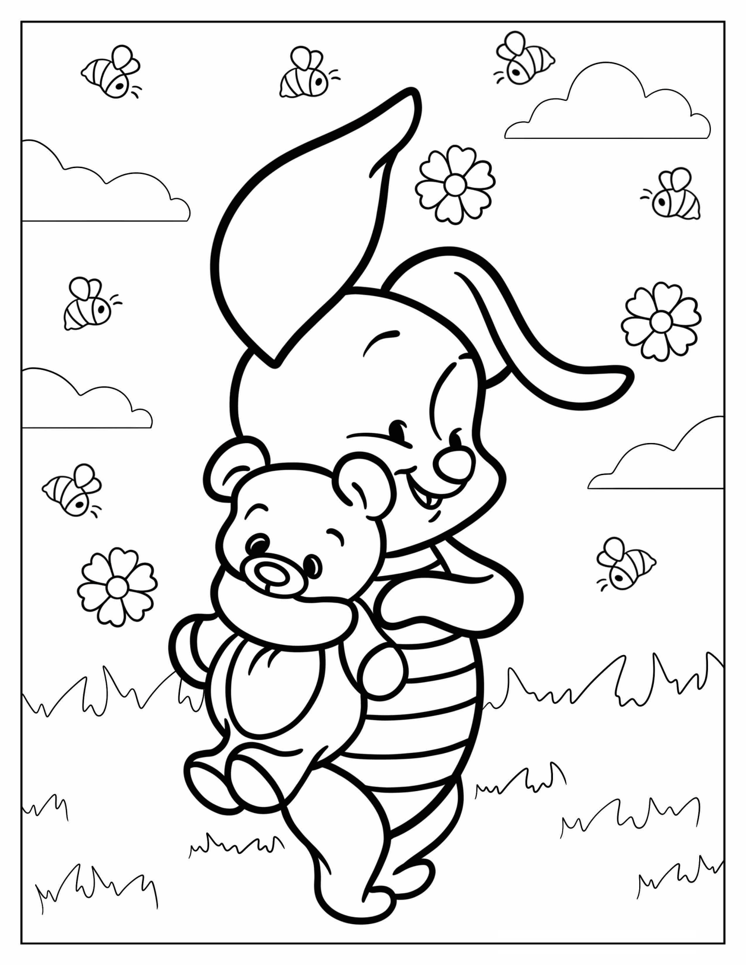 Baby Piglet Holding A Teddy Bear Coloring Page For Preschoolers