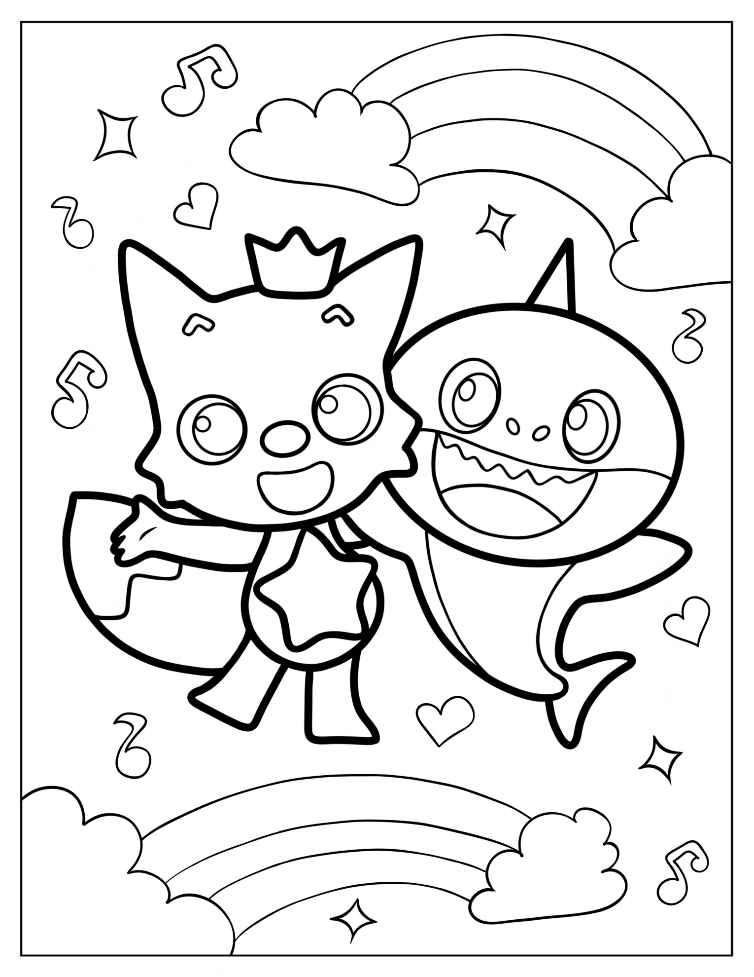 Kawaii Pinkfong With Baby Shark Coloring Sheet For Kids