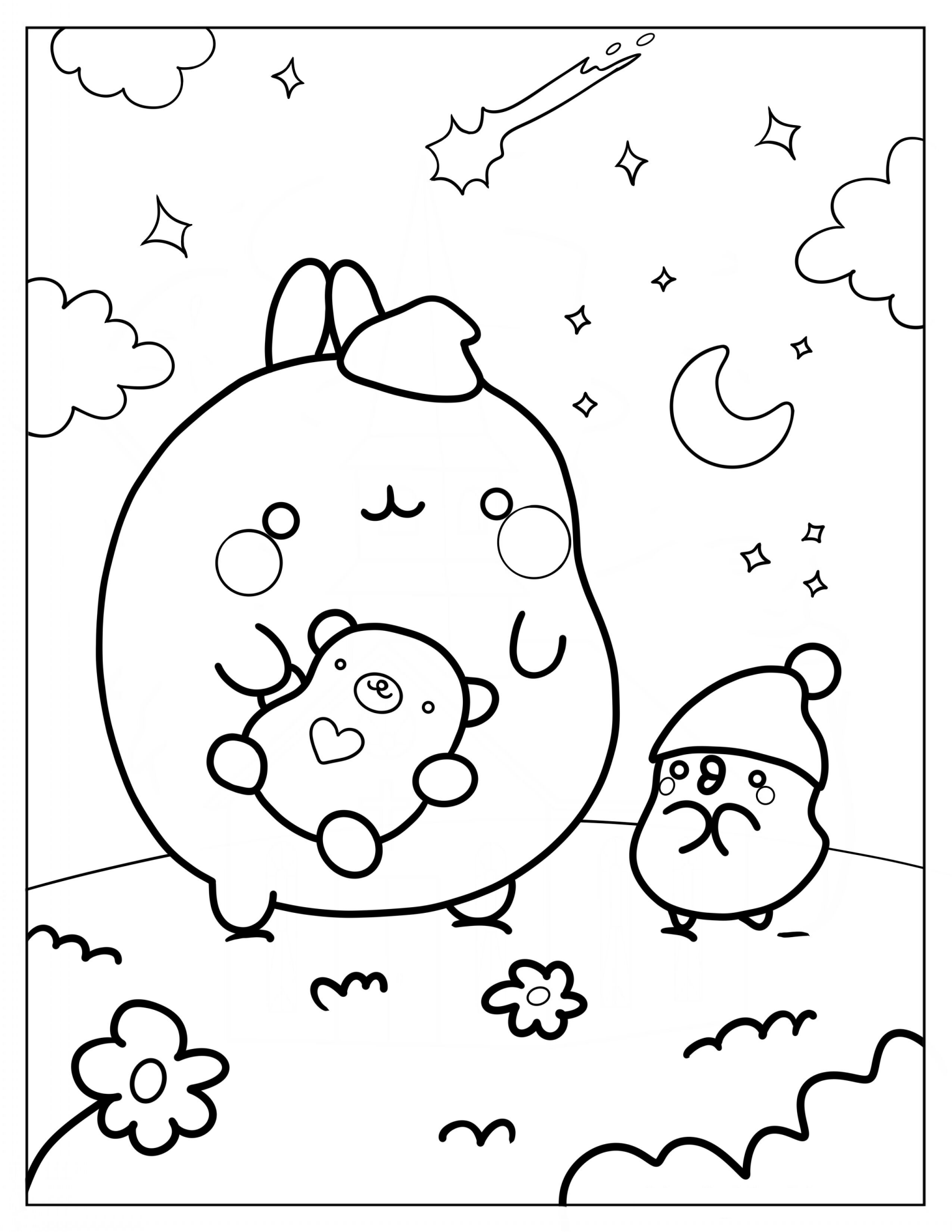 Molang Holding Teddy Bear With Piu Piu At Bedtime