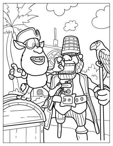 Pirate Booba Standing On Treasure Box Coloring Sheet