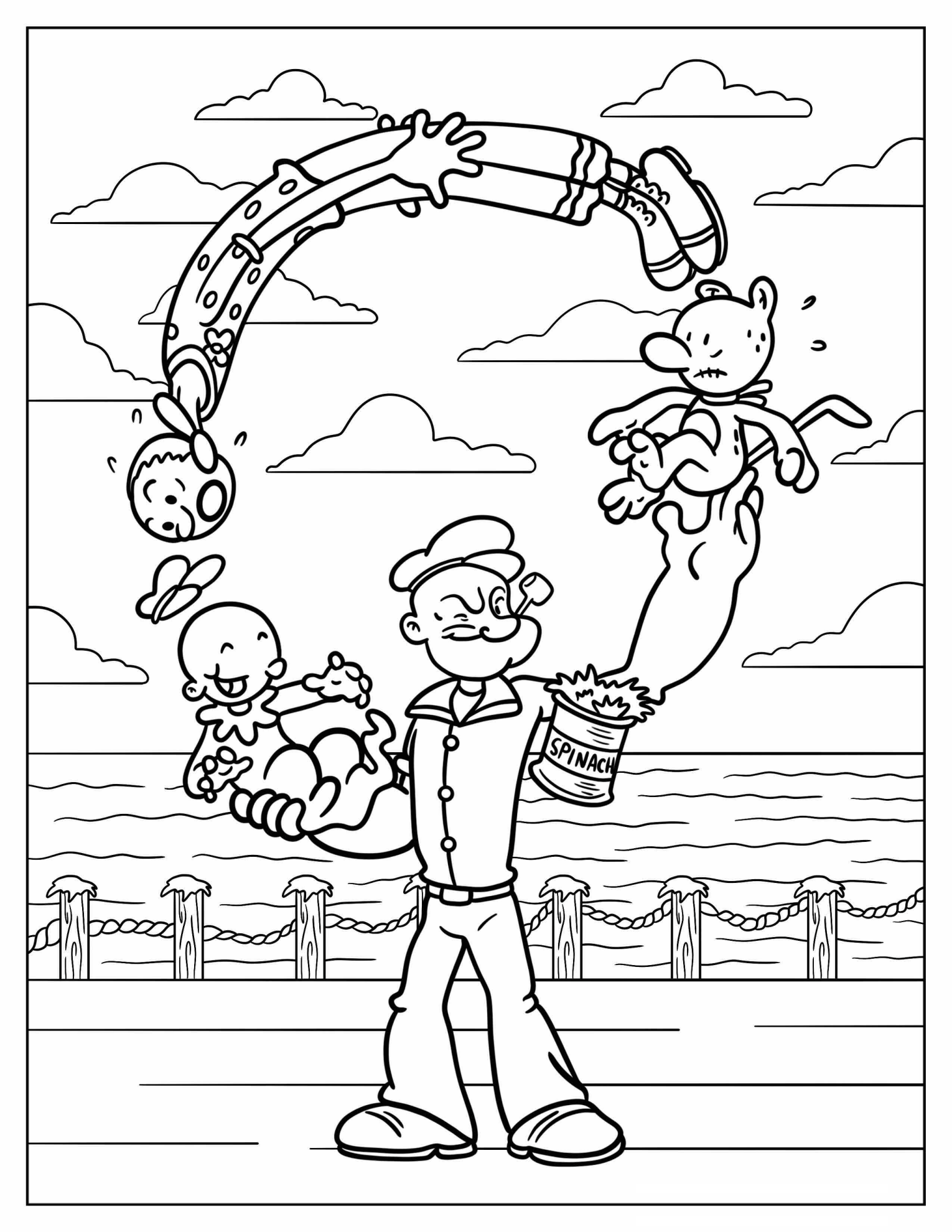 Popeye Juggling Eugene, Olive Oyl, And Swee Pea Coloring Sheet