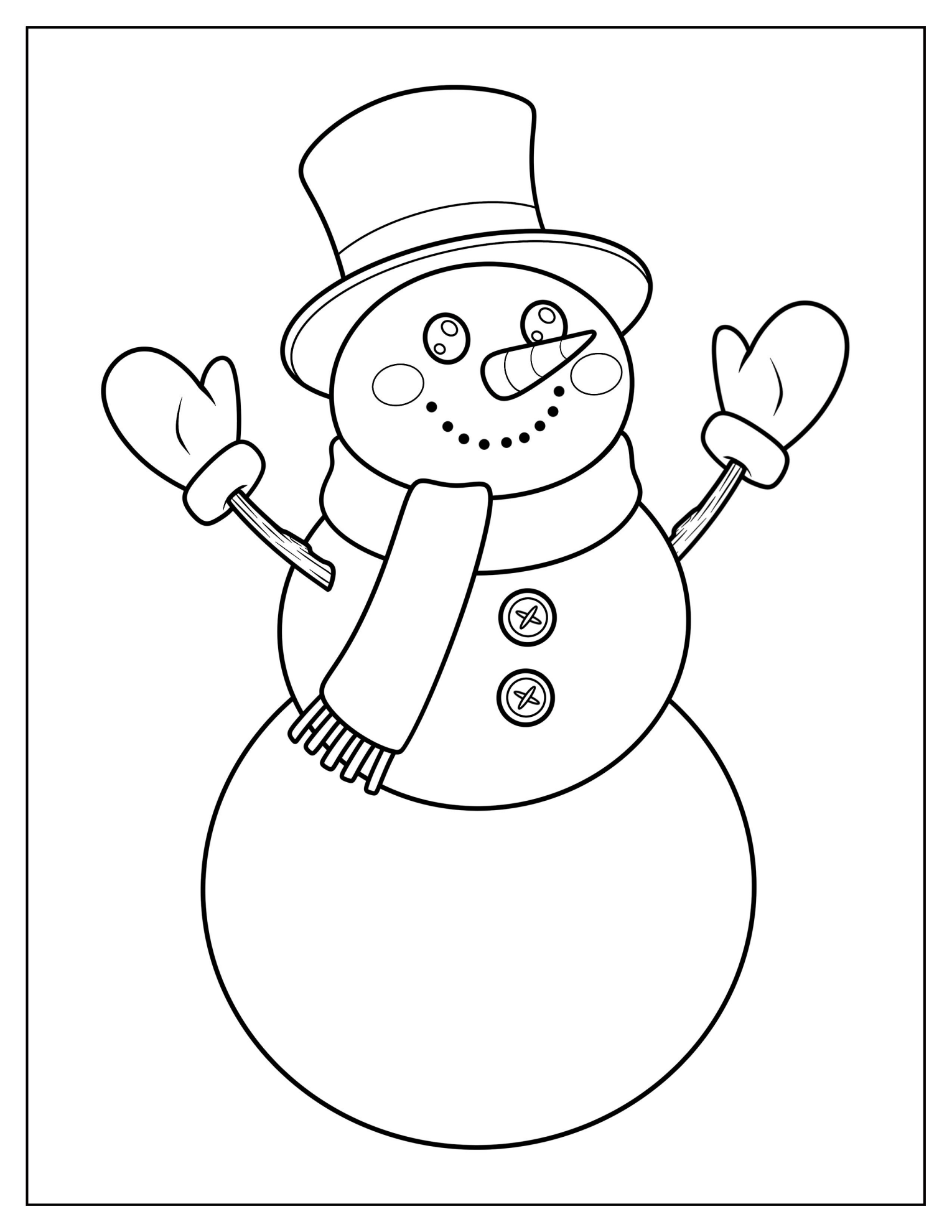 Classic Snowman With a Scarf and Buttons Waving Coloring Page For Kids