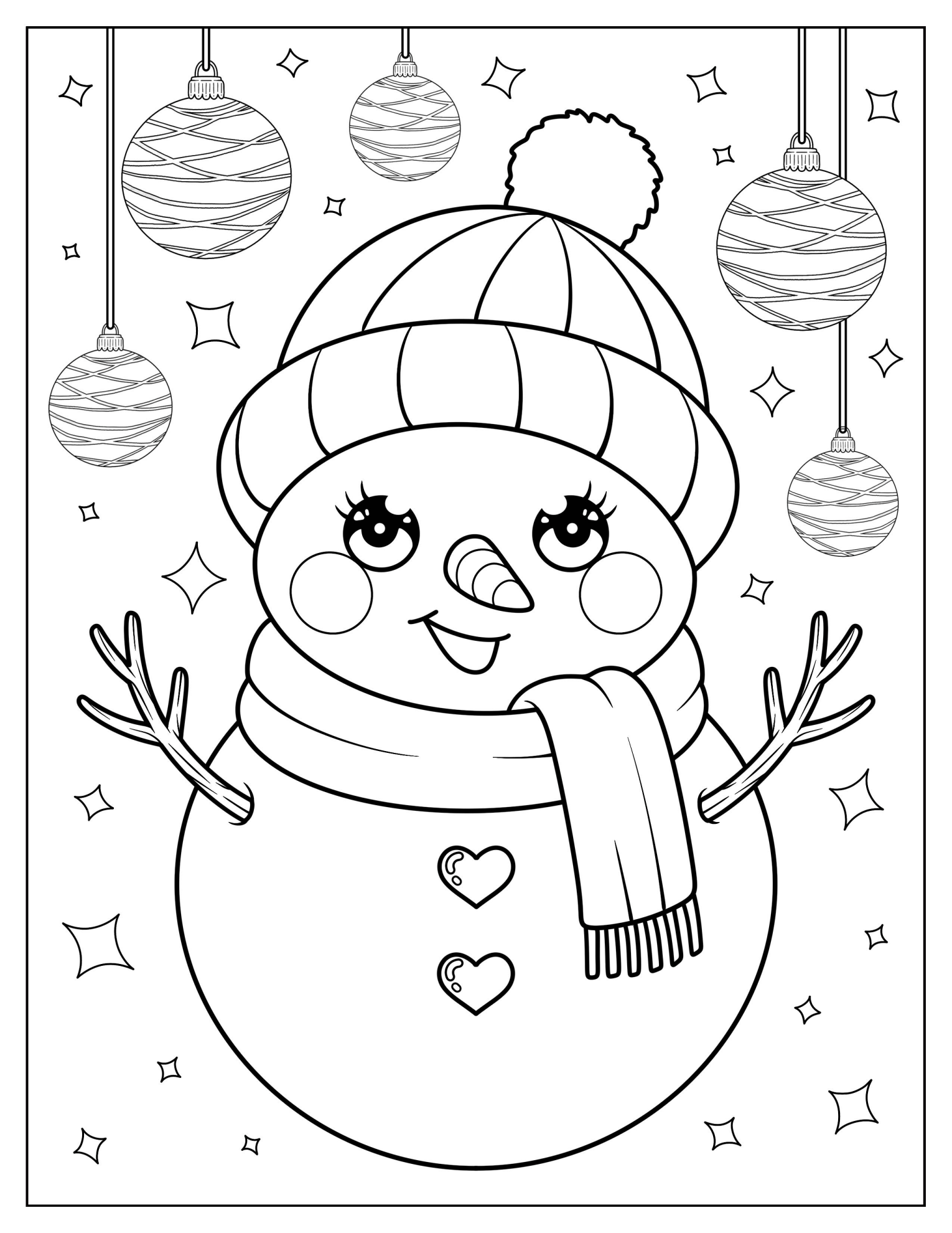 Kawaii Snowwoman With Heart Buttons and Hanging Ornaments Coloring Page For Kids