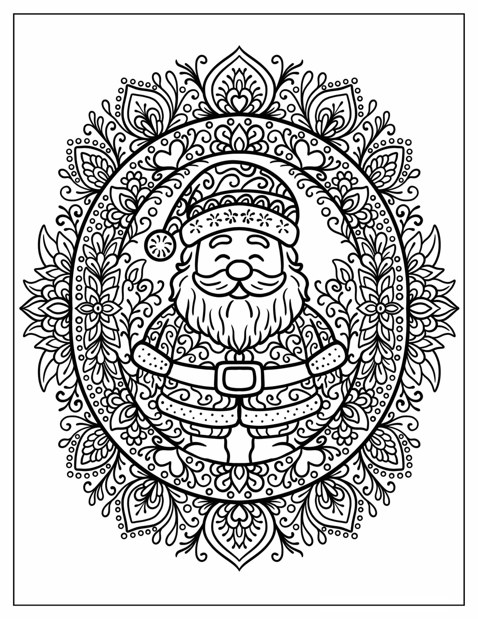 Santa Claus Surrounded by Elegant Mandala Flowers and Leaves
