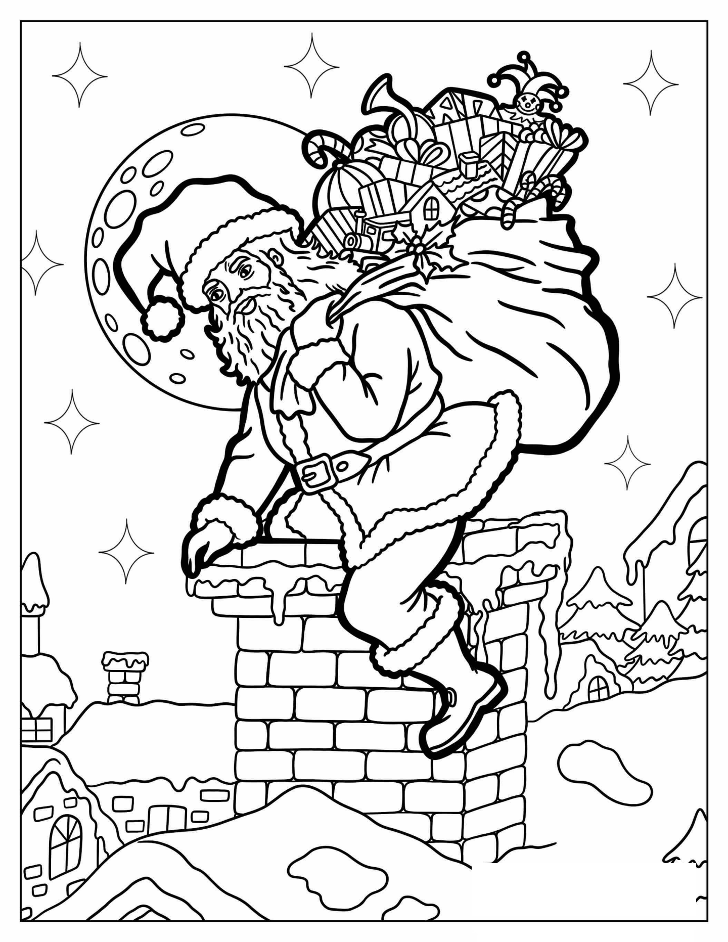 Santa Claus Climbing Into Chimney With Sack Of Presents