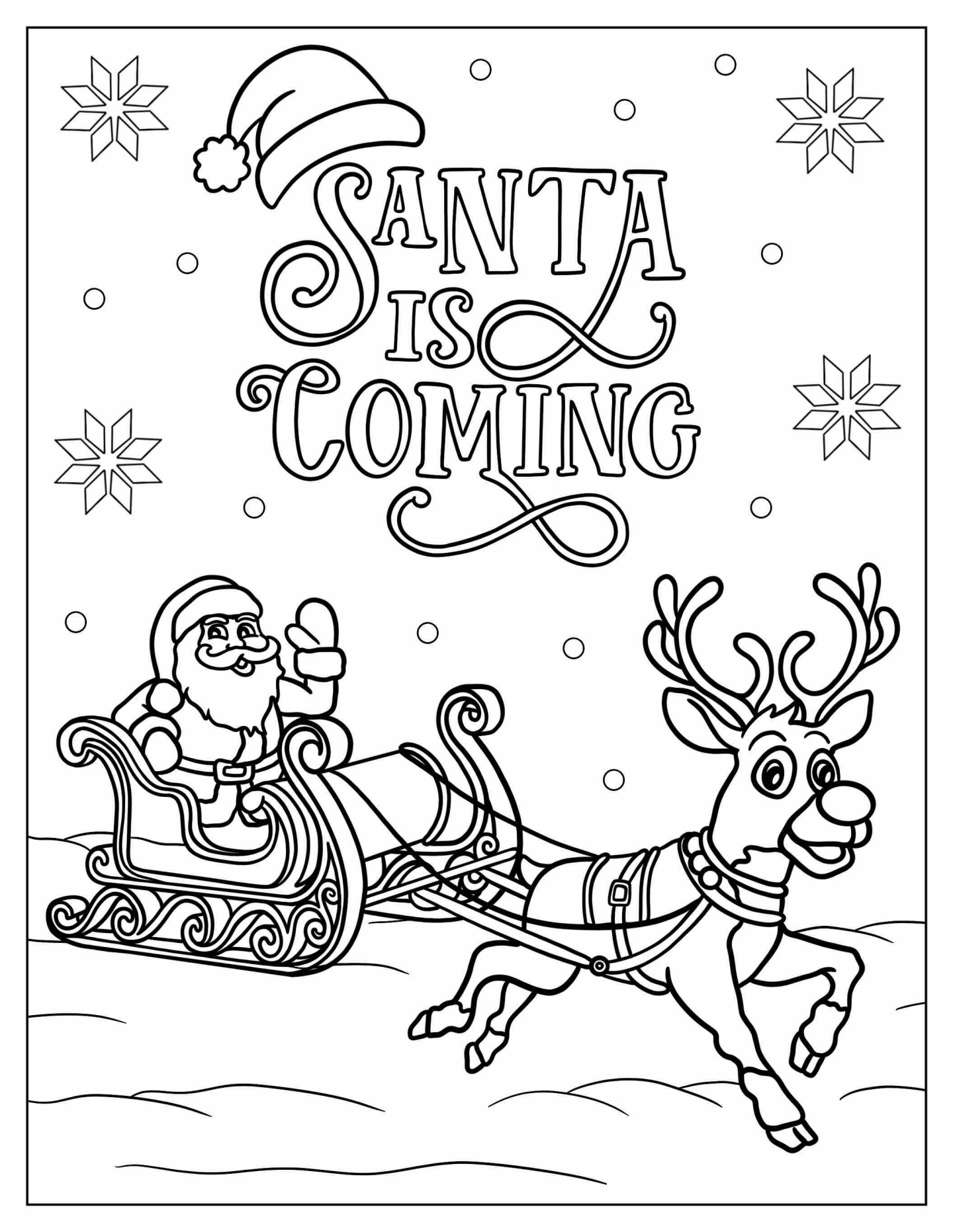 Santa In His Sleigh With Rudolph To Color