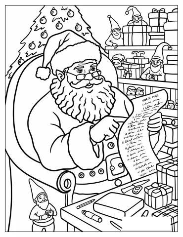 Santa Claus Checking the Nice List in His Workshop Coloring Page