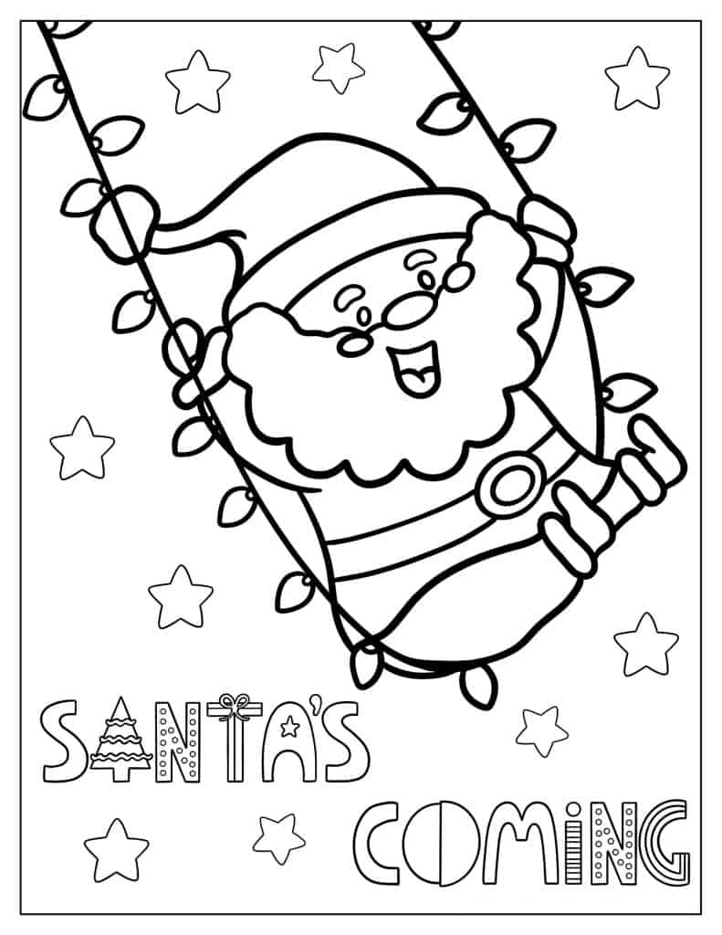 Cute Santa Swinging On Lights To Color