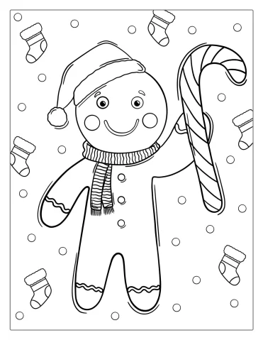 Cute Gingerbread Man Holding Candy Cane To Color