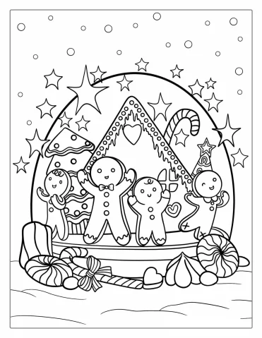 Gingerbread Men In Snow Globe To Color