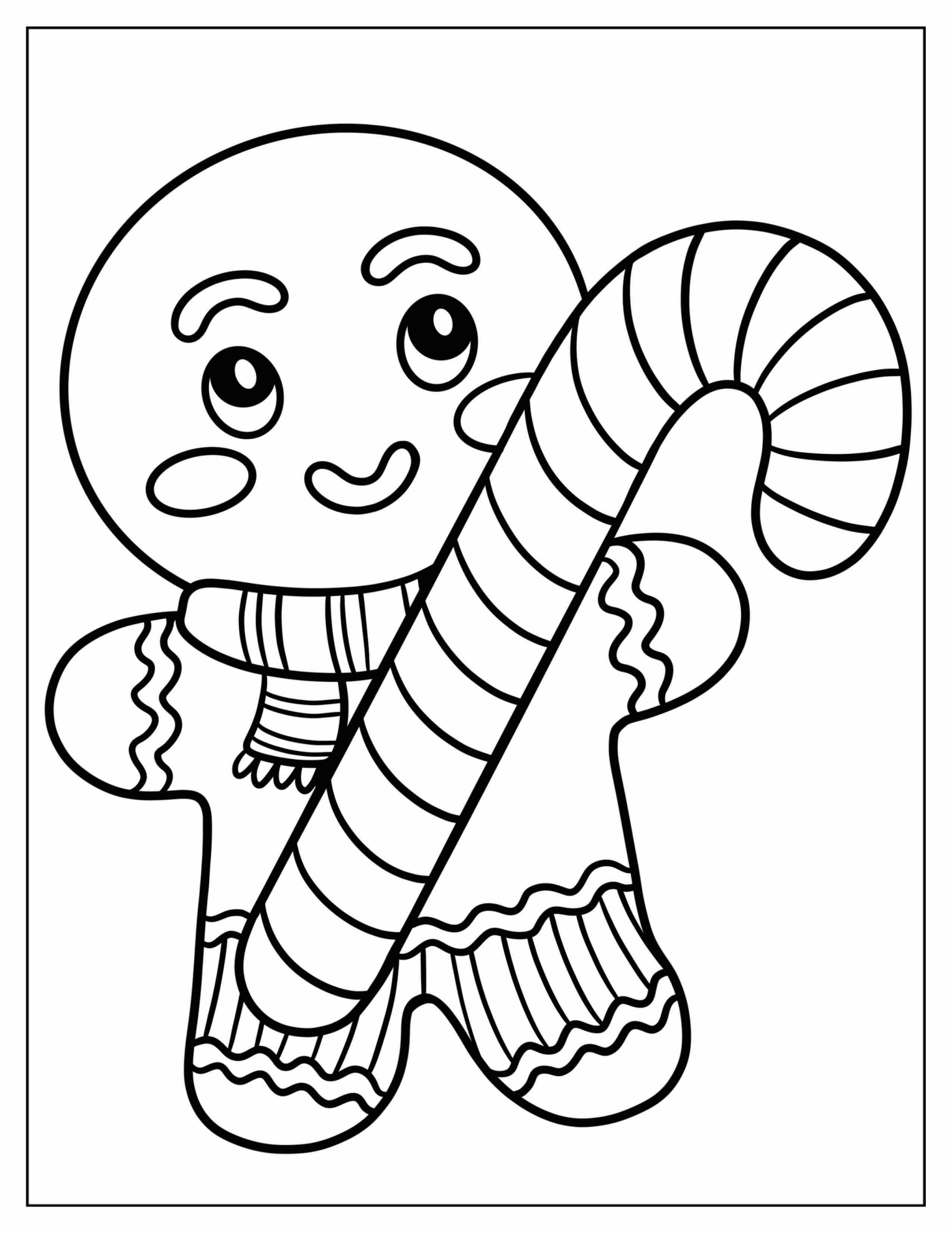 Simple Gingerbread Man in Sweater with Large Candy Cane Coloring Page For Kids