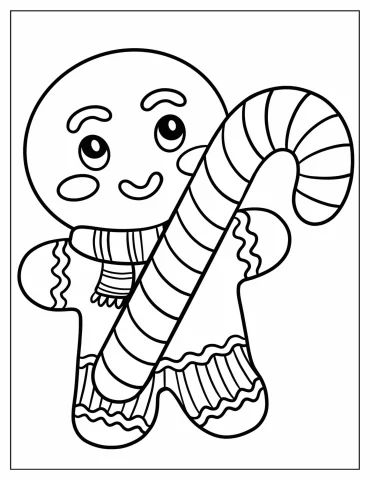 Simple Gingerbread Man in Sweater with Large Candy Cane Coloring Page For Kids