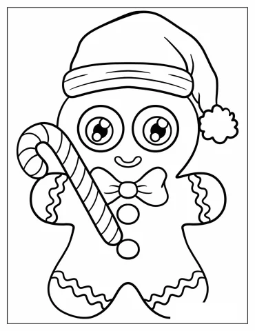 Adorable Gingerbread Man with Santa Hat and Candy Cane Coloring Page For Preschoolers
