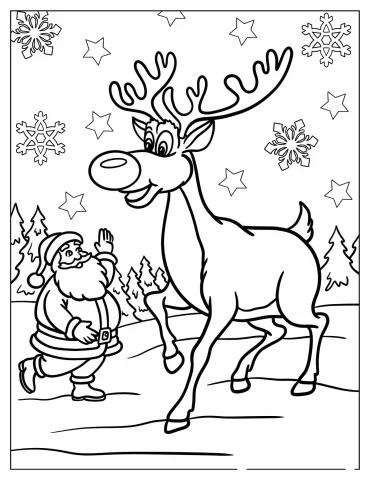 Cartoon Rudolph With Santa Claus In The Snow Coloring Page
