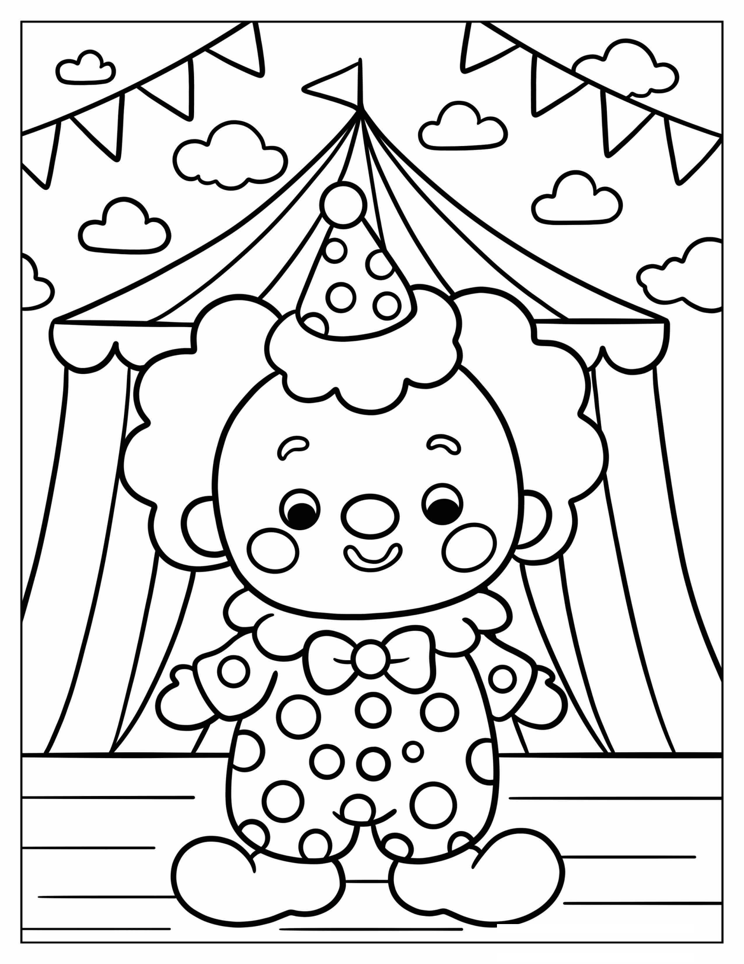 Chibi Clown in Polka Dot Costume in Front of Circus Tent Coloring Sheet for Preschoolers