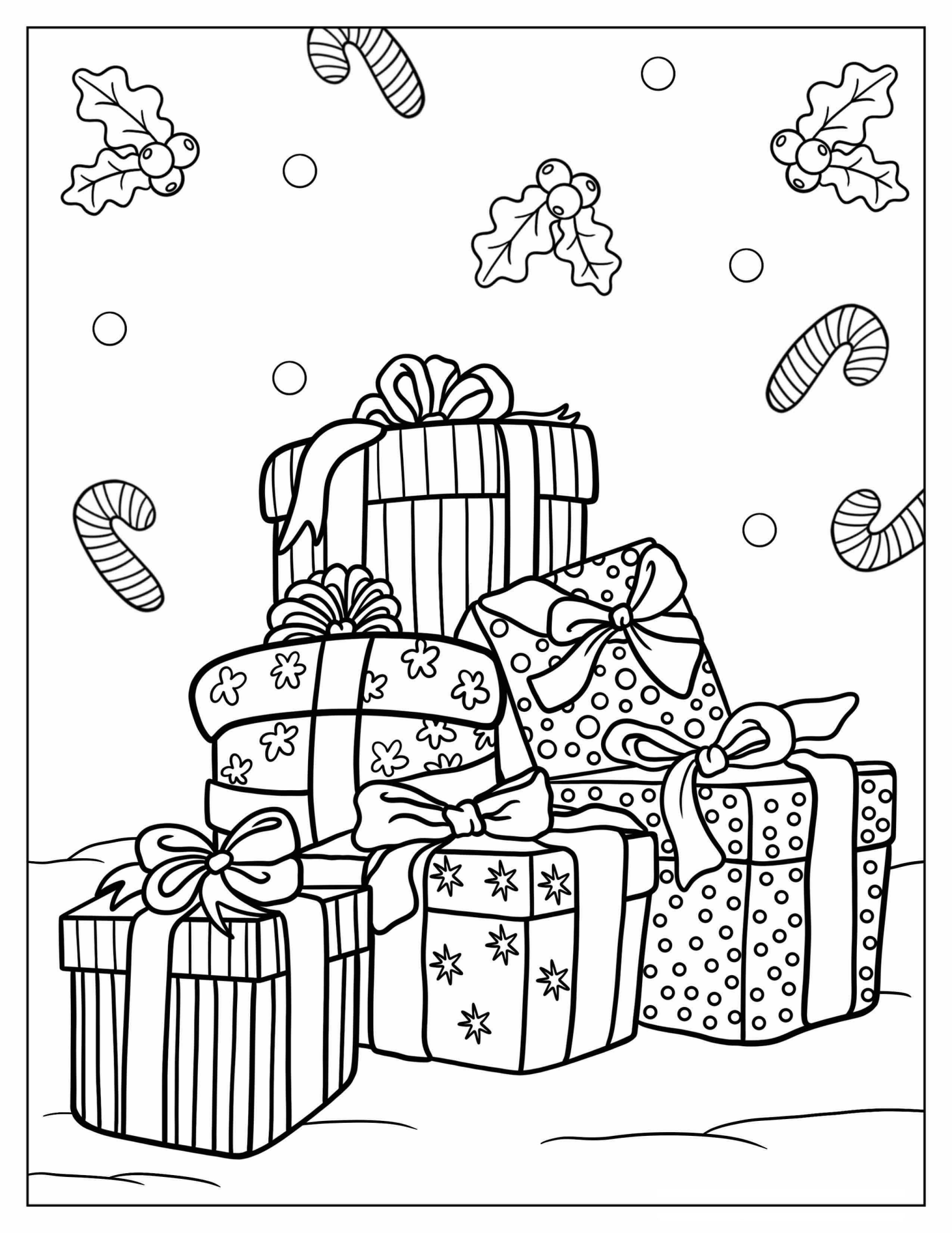 Detailed Christmas Presents With Candy Canes To Color