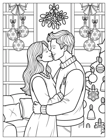 Romantic Couple Kissing Under Mistletoe in Holiday Living Room Coloring Page