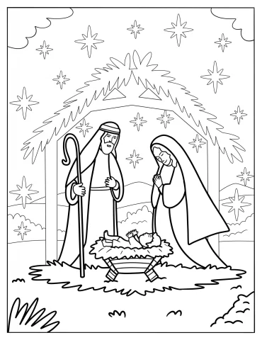 Smiling Joseph And Mary With Baby Jesus Coloring Sheet