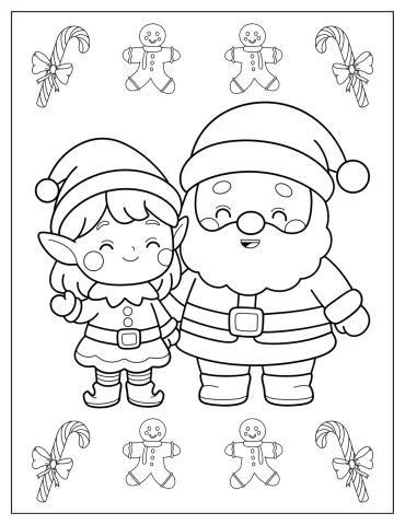 Christmas Elf and Santa Surrounded by Candy Canes and Gingerbread Men Coloring Sheet For Preschoolers